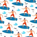 Summer seamless pattern with cartoon surfing boys on the surf boards, decor elements. colorful vector, flat style. hand drawing. S Royalty Free Stock Photo